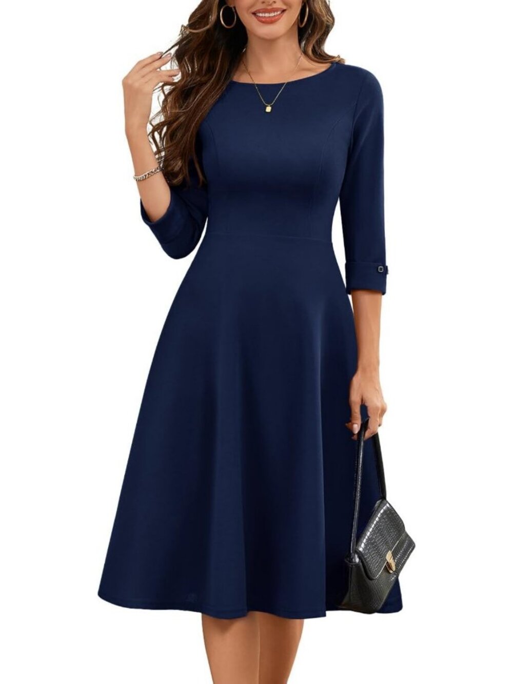 Chic Fit and Flare Midi Dress with 3/4 Sleeves, Pockets - Modest Church & Work